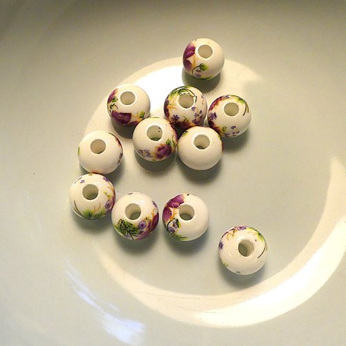 Destockage atelier - perles en céramique, motif floral, diamètre 12 mm, lot de 20 perles