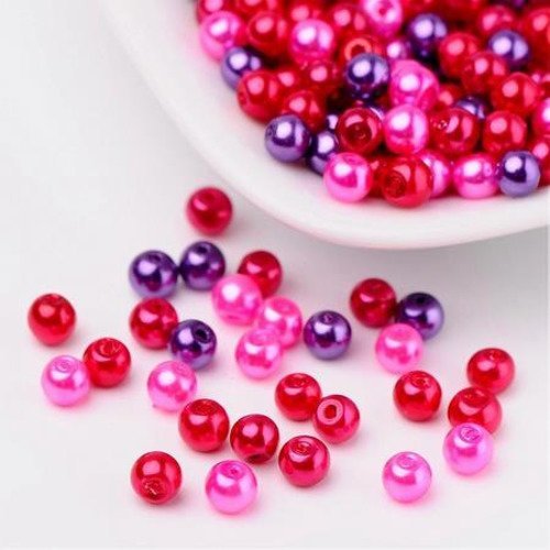 50 perles 4mm en verre nacrées mélange de rose/rouge/violet