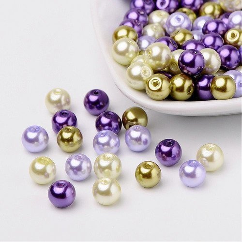25 perles 8mm en verre nacrées mélange de parme/vert/violet