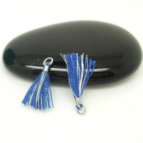 2  mini pompons 1cm en coton bleu roy/argenté anneau et bague argentée