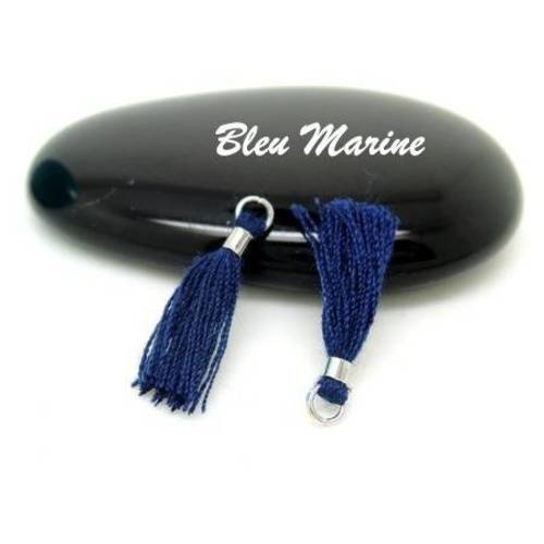 2  mini pompons 1cm en coton bleu marine anneau et bague argenté 