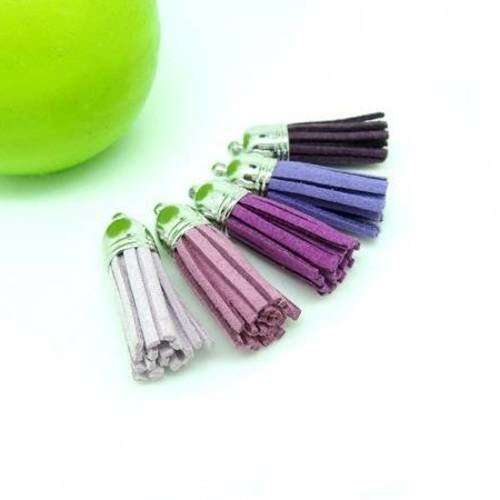 5 pompons pendentifs 35mm en suedine prune/violet/crocus/vieux rose/parme 