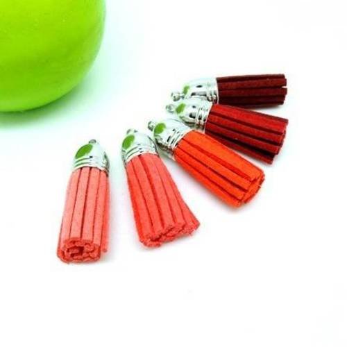 5 pompons pendentifs 35mm en suedine bordeaux/rouge/orange/corail/melon 
