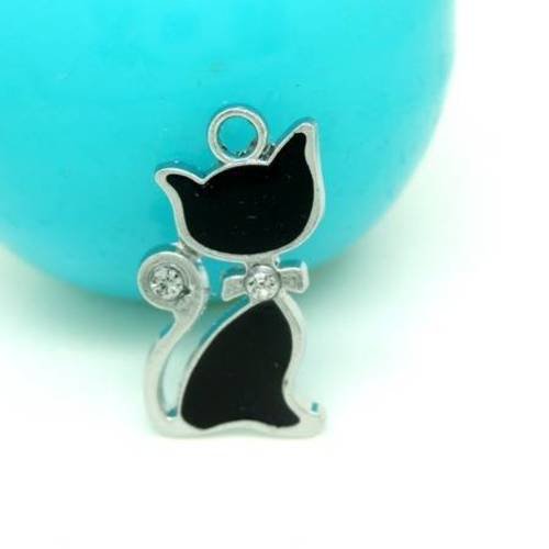 1 breloque pendentif chat  émaillé noir et métal argenté 