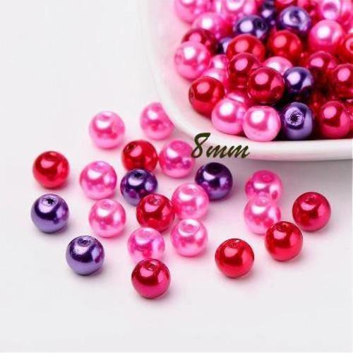 25 perles 8mm en verre nacrées mélange de rose/rouge/violet 