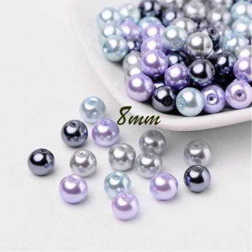 25 perles 8mm en verre nacrées mélange de parme/gris/bleu 