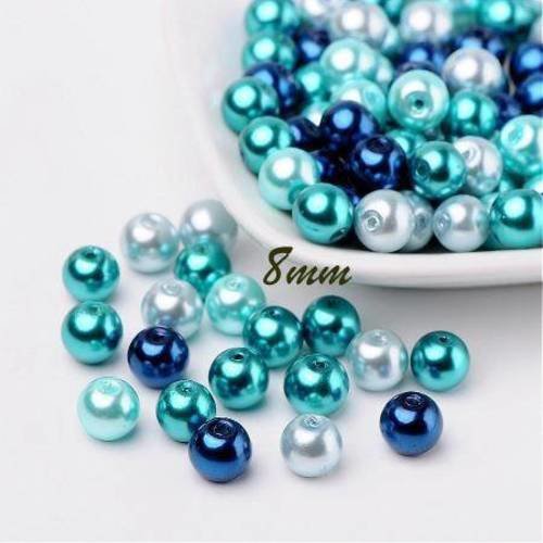 25 perles 8mm en verre nacrées mélange de bleu 