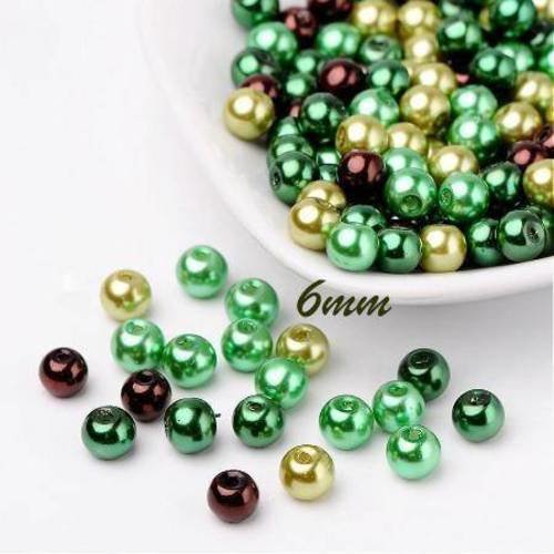 50 perles 6mm en verre nacrées mélange de vert/marron 