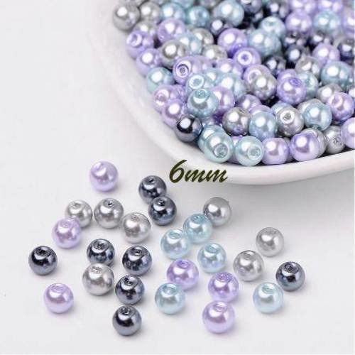 50 perles 6mm en verre nacrées mélange de parme/gris/bleu 