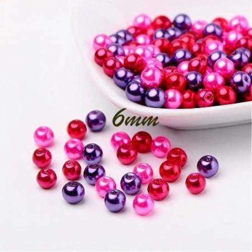 50 perles 6mm en verre nacrées mélange de rose/rouge/violet 