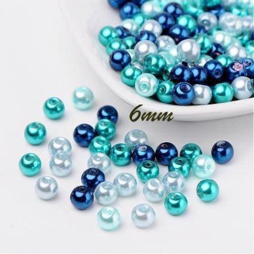 50 perles 6mm en verre nacrées mélange de bleu 