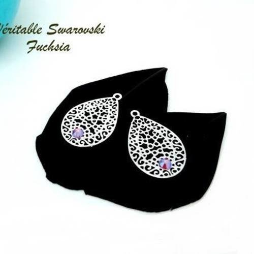 2 estampes goutte + strass swarovski rose fuchsia métal filigrané argenté 