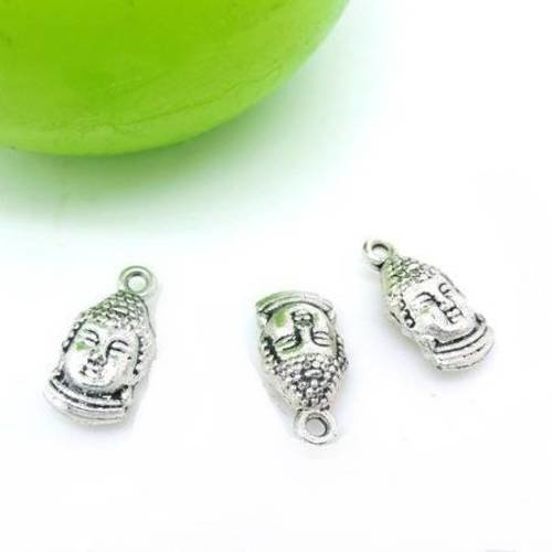 3 breloques pendentifs tete bouddha 3d en métal argenté 