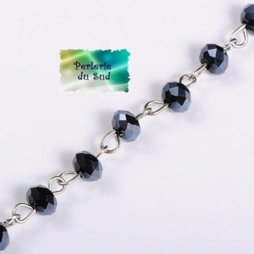 1m chaine à perles abacus en verre noir et métal argenté