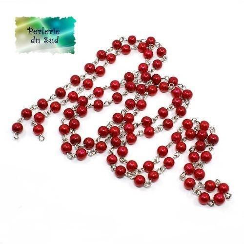 1m chaine à perles ronde en verre rouge nacré et métal argenté 