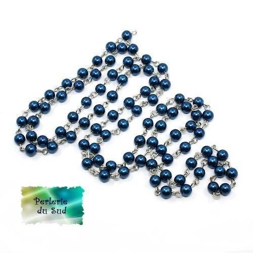 1m chaine à perles ronde en verre bleu nacré et métal argenté 