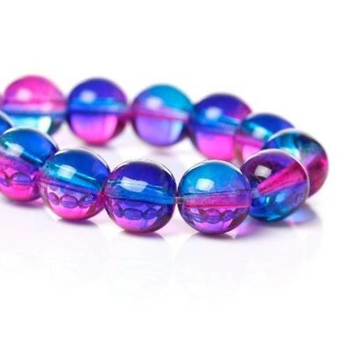25 perles verre 8mm brillantes bicolore bleu/fuchsia 