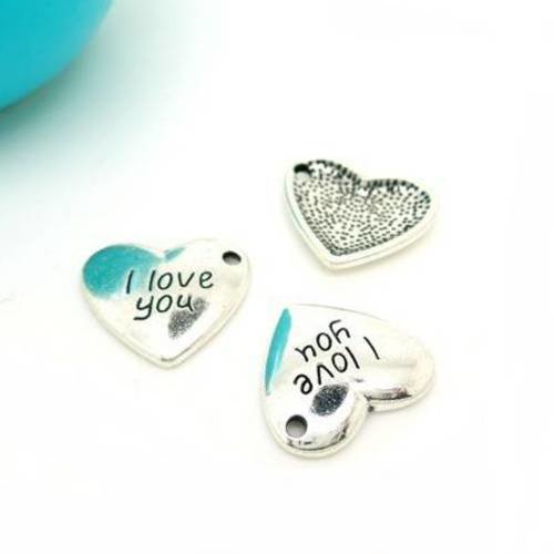 4 breloques pendentif coeur gravé "i love you" en métal argenté 