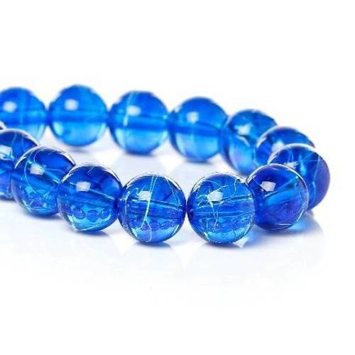 25 perles en verre 10mm bleu avec tréfilé blanc 