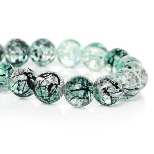 25 perles en verre 10mm craquelées vert avec tréfilé noir 