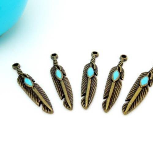 5 breloques pendentifs plume avec pierre turquoise  en métal bronze 
