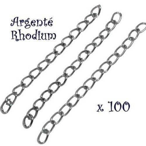100 chainettes d'extension en métal argenté rhodium 4.5/5cm 