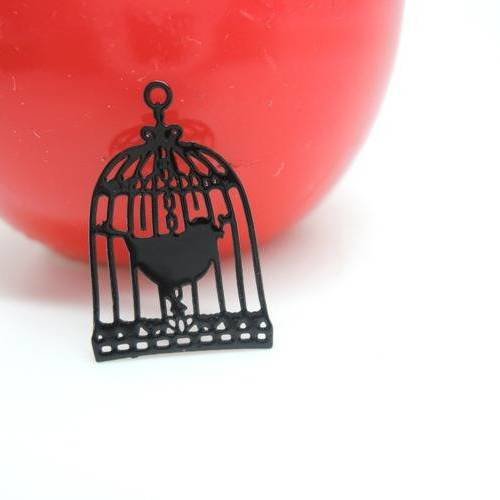 4 estampes breloques  filigrané cage à oiseaux métal fin noir 15mm 
