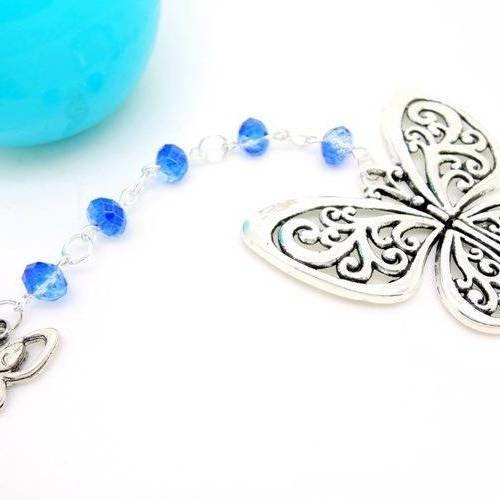 1 marque-pages papillon métal argenté et perles en verre abacus bleu roy 