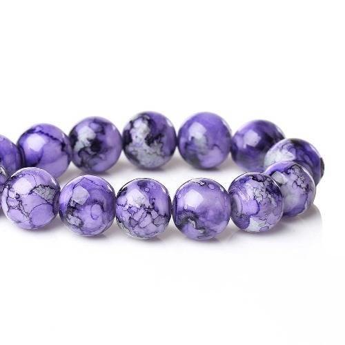 Lot 10 perles en verre 14mm  ronde marbrée violet 