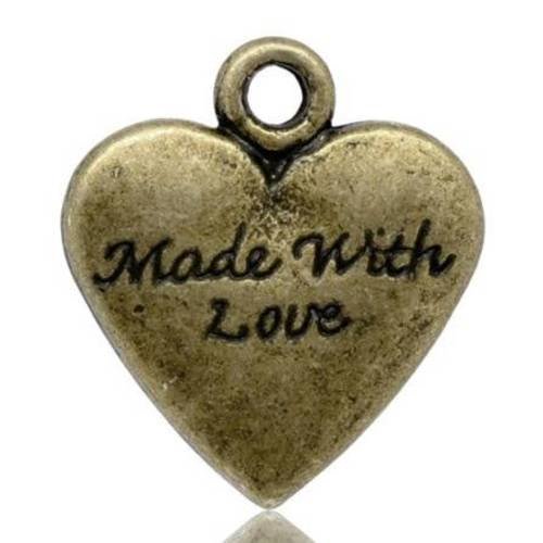 2 breloques pendentifs coeur made with love 20mm en métal bronze 