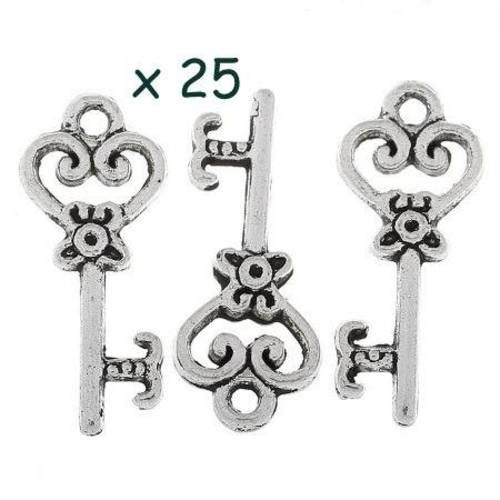 25 breloques pendentif clef n° 7 en métal argenté 