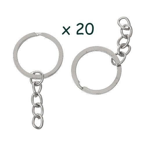 20  porte-clefs anneaux ronds en métal argenté mat 