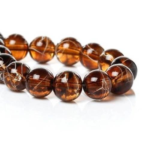 20 perles en verre 10mm marron avec tréfilé blanc 
