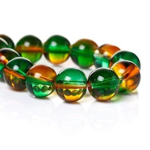 25 perles en verre 10mm  brillantes bicolore vert/jaune