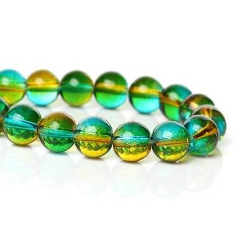 25 perles en verre 10mm  brillantes bicolore vert/jaune 