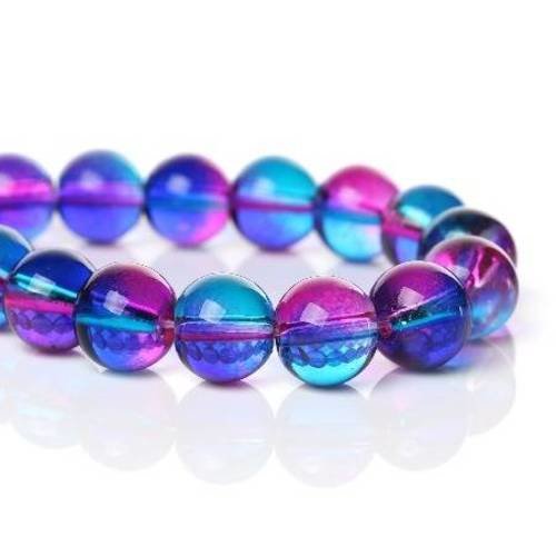 25 perles en verre 10mm  brillantes bicolore bleu/fuchsia 