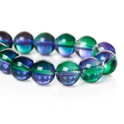 25 perles en verre 10mm  brillantes bicolore vert / violet 