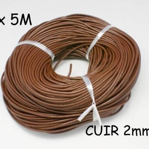 5m de cordon de cuir rond véritable 2mm marron 