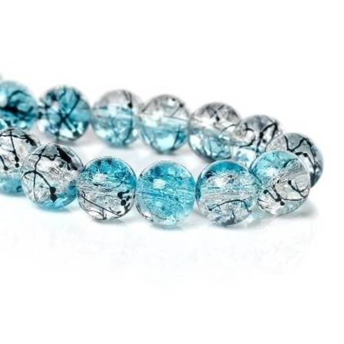 20 perles en verre 10mm craquelées bleu avec tréfilé noir