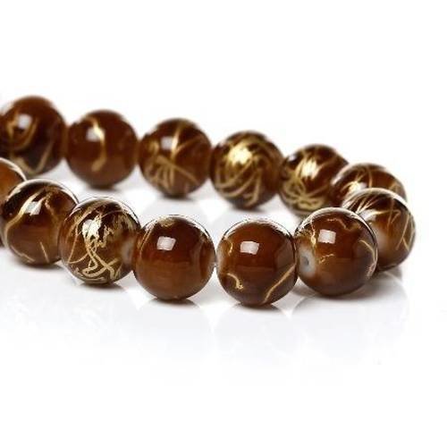 20 perles en verre 10mm marron avec tréfilé doré 