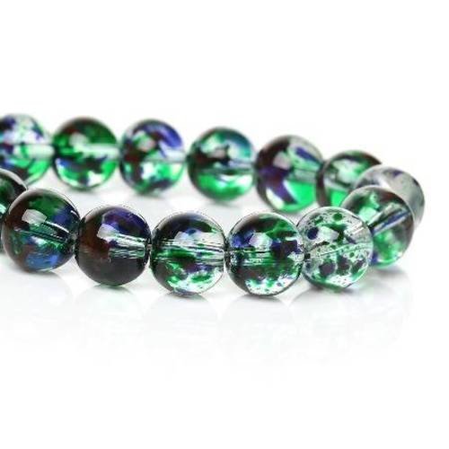 20 perles en verre 10mm  ronde tachetée vert et violet 