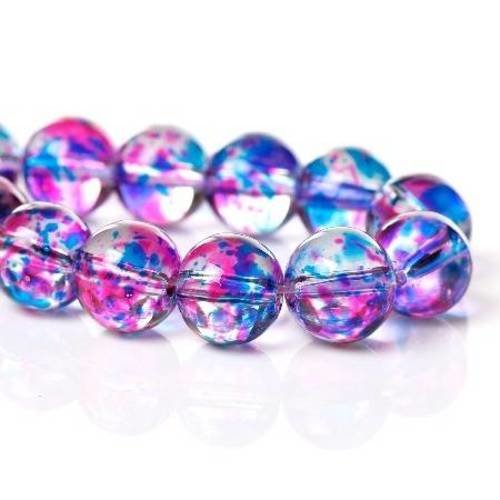 20 perles en verre 10mm  ronde tachetée  bleu et rose 