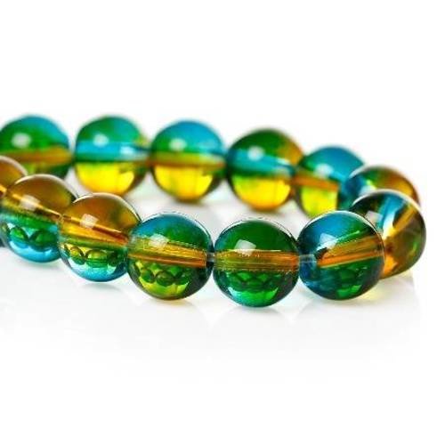 25 perles en verre 8mm  brillantes vert/jaune avec reflets 