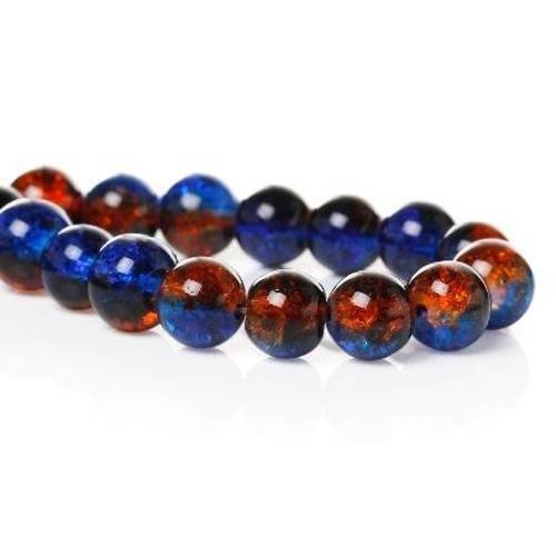 25 perles verre 10mm craquelées bleu/rouge oranger 