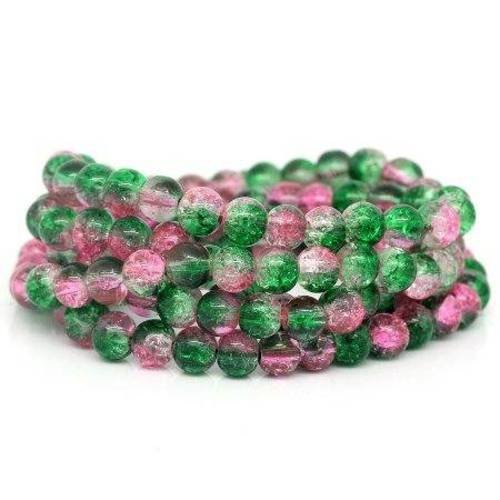 50 perles verre 8mm craquelées rose /vert 