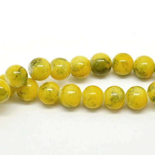 25 perles verre 10mm marbrées jaune/gris/noir 
