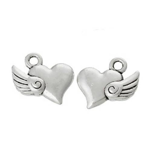 4 breloques pendentifs coeur aile d'ange en métal col argenté 