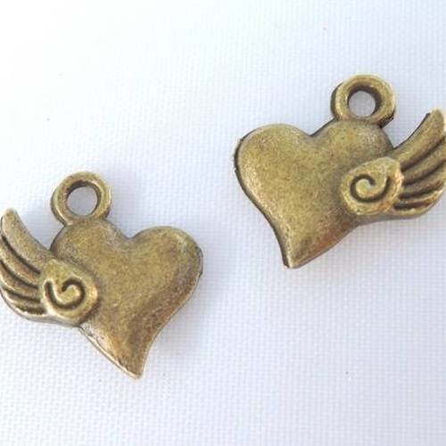 5 breloques pendentifs coeur aile d'ange en métal col bronze 