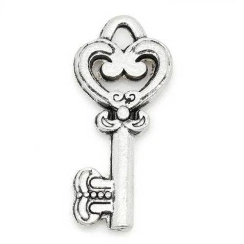 5 breloques clef avec coeur et noeud n° 2 en métal argenté 