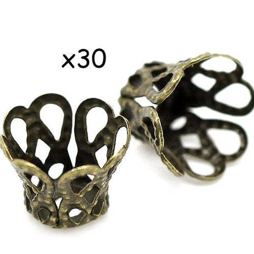 30 coupelles ou calottes  9x7mm en métal filigrané col bronze 